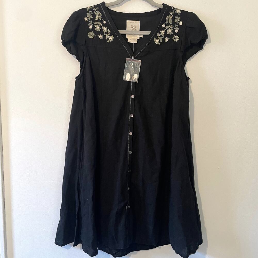 NWT Anthropologie Meadow Rue Black Puff Sleeve Embroidered Wool Swing Dress Sz 6